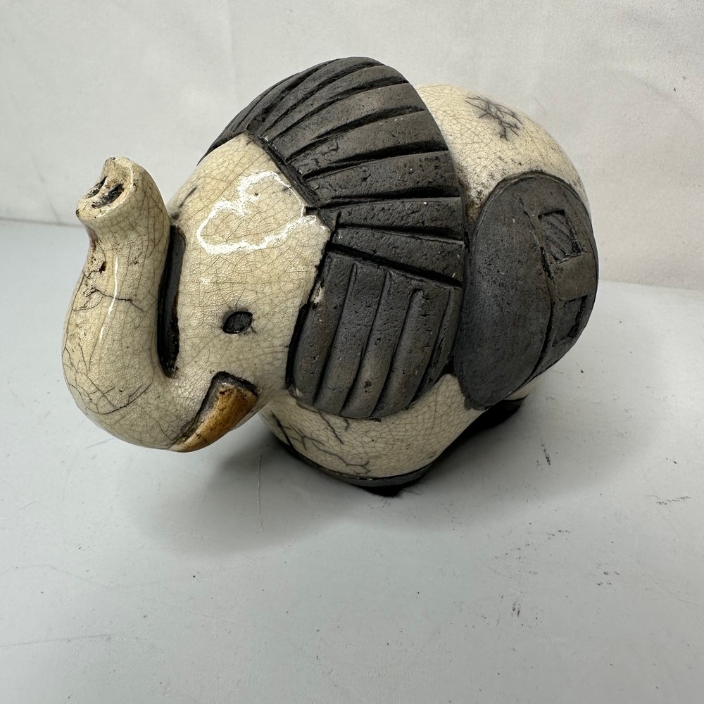 Studio Pottery Raku Elephant Figurine Crackle Glaze Ceramic Animal Decor Art